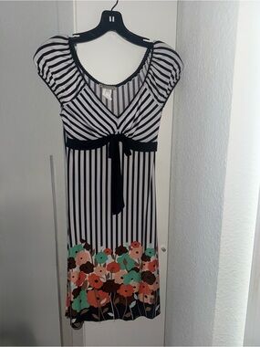 NWOT Black & White Striped Midi Dress with Floral Hem